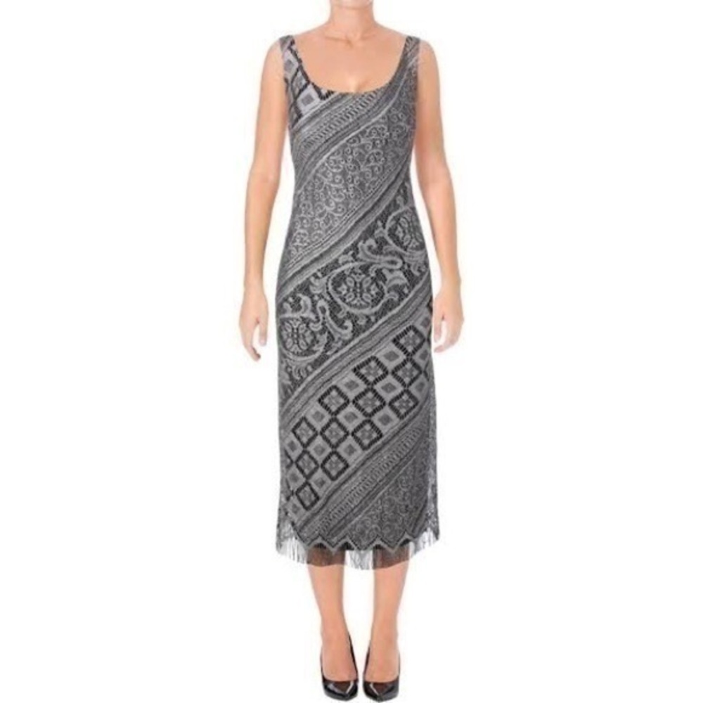 SLNY metallic crochet fringe dress